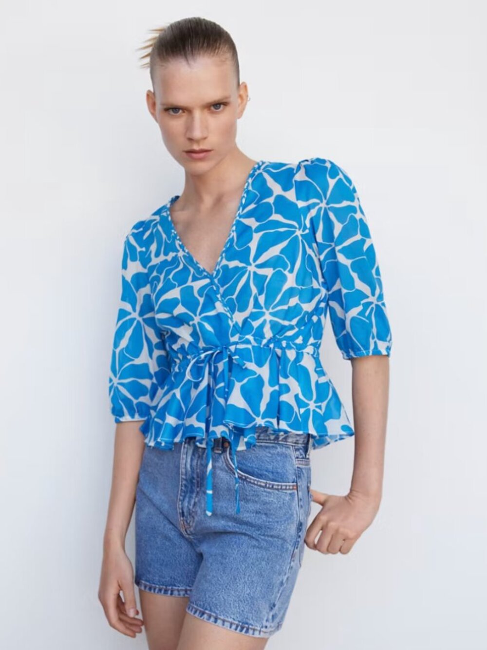 NWT Mango Blue Printed Wrap Peplum Top - Women's V-Neck Blouse- size XS